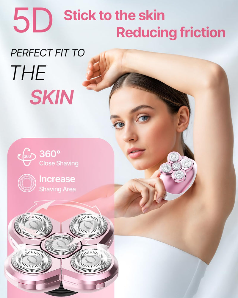 Electric Razors for Women, 5-in-1 Rechargeable Body Shaver - Waterproof Wet Dry Hair Remover - Trimmer for Lady Face Underarms Bikini,Lips,arms, Legs Pink