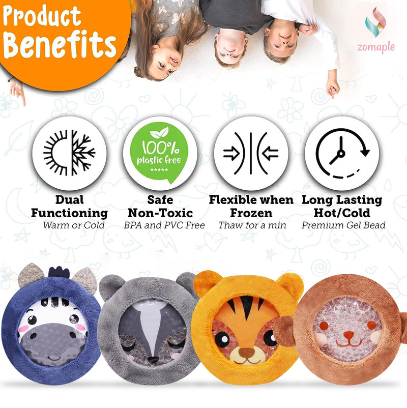 ZOMAPLE Boo Boo Ice Packs for Kids, 4 Pack, Boys Set – Calm Tears Fast with Hot & Cold Relief – Leakproof, Flexible When Frozen, BPA & PVC Free Gel – Kids Ice Packs for Boo Boos in Animal Designs Child-friendly Pack of 4