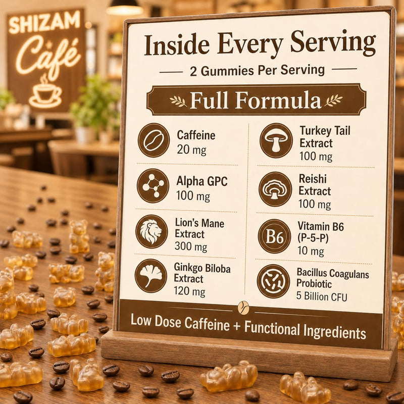 Mushroom Coffee Gummies with Lion’s Mane, Ginkgo Biloba, Alpha GPC & B6 P5P | Ginkgo Biloba, Alpha GPC, Mushroom Complex (Lion's Mane, Turkey Tail, Reishi), Probiotic, Vitamin B6 (P-5-P)