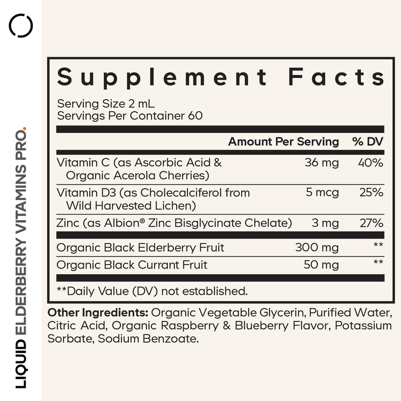 Codeage Elderberry Vitamins Pro Liquid, Vitamin C, D3, Zinc, 4 Fl Oz | Organic black elderberry liquid drops, black currant, vitamin C, D3, zinc. Adults & kids. Vegan, non-GMO.