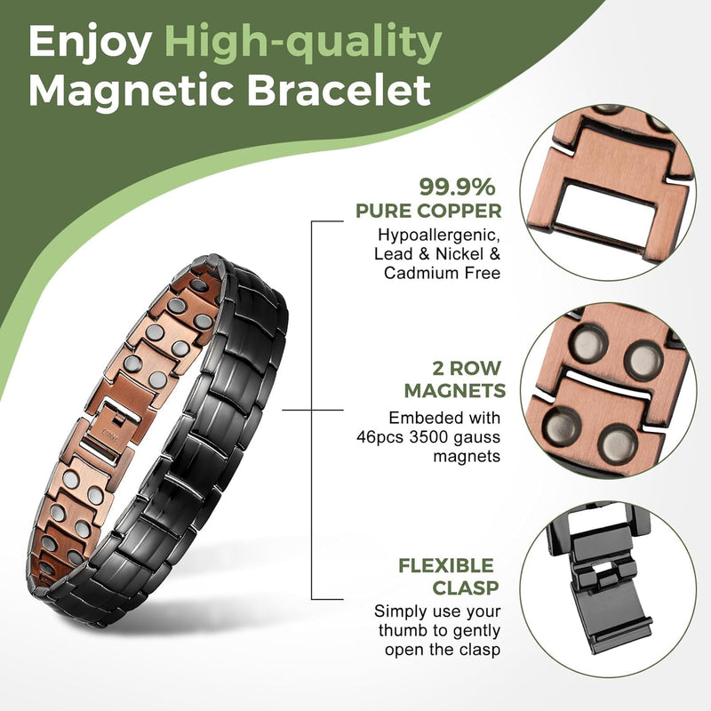 [Australia] - MagEnergy Mens Copper Magnetic Bracelets, 99.9% Pure Copper Bracelet with Double-Row Strength Magnets, Adjustable Jewelry with Sizing Tool Black 