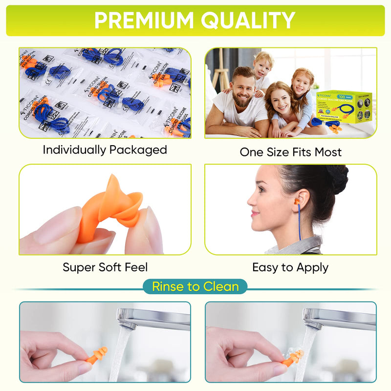 [Australia] - TICONN 100 Pairs Reusable Silicone Ear Plugs for Sleeping Noise Cancelling, 25dB NRR Corded Earplugs for Study Concentration Travel (100 Pairs) 