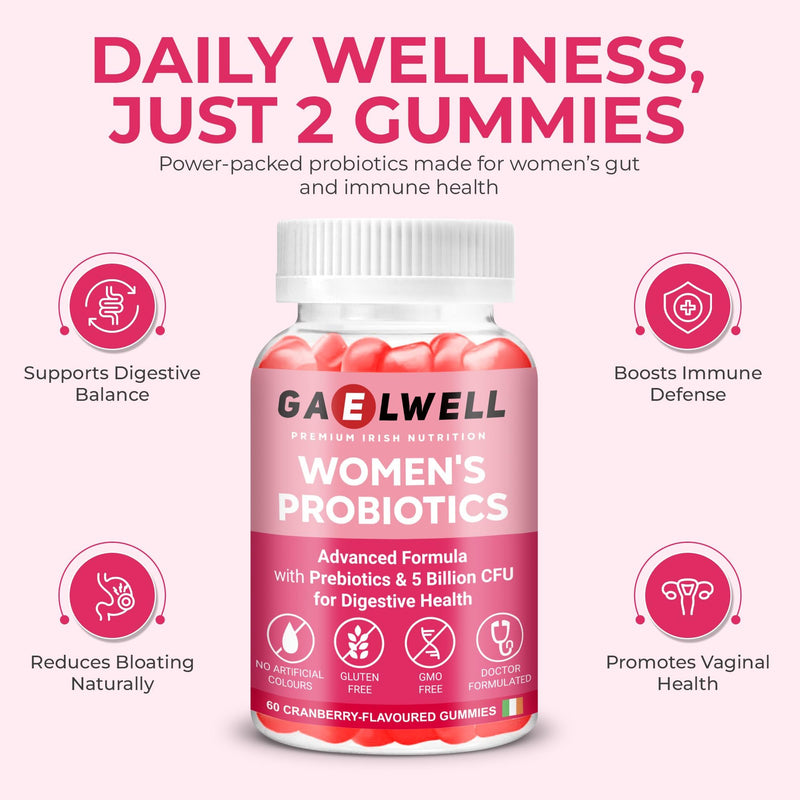 Women’s Probiotic Gummies | 5 Billion CFU, 6 Strains with Fibre | Daily Supplement for Women | Vegan, Gluten & Dairy Free | Cranberry Flavour | 60 Gummies