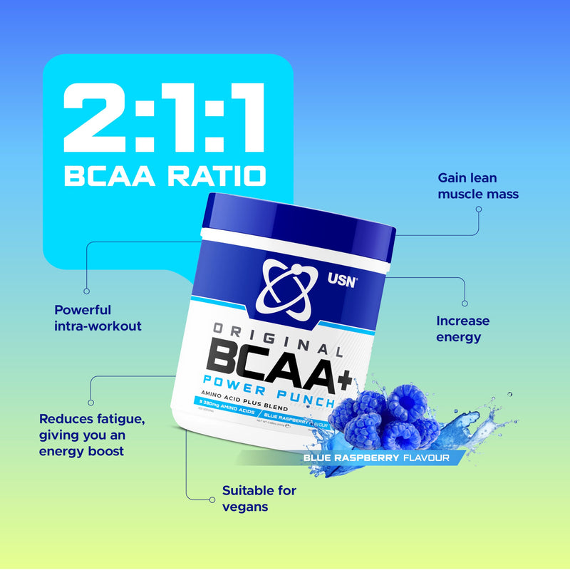 USN Power Punch BCAA Amino Acids Powder, Blue Raspberry Flavour - 400g, Vegan BCAA Powder, Vitamin B6 & No Sugar, Pre Workout & Intra Workout Energy Drink & Dietary Supplement to Maximise Performance 36 Servings (400 g, Pack of 1)