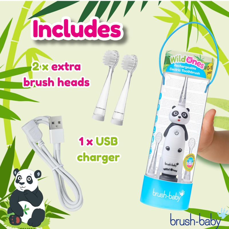 [Australia] - BrushBaby - WildOnes - Kids Rechargeable Electric Toothbrush, Ages 0-10 - Pan-Pan Panda Design with Flashing Lights - DeepClean Bristles for Superior Cleaning - 2 Replacement Brush Heads, 1 USB Cable 
