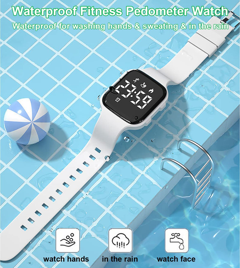 [Australia] - Kids Fitness Pedometer Watch without App/Bluetooth,LED Sports Watch with Timer Calories/Distance/Step Counter,2 Alarm Clocks,21 Days Battery Life Rechargeable Digital Watch for Boy Girl Kids White 