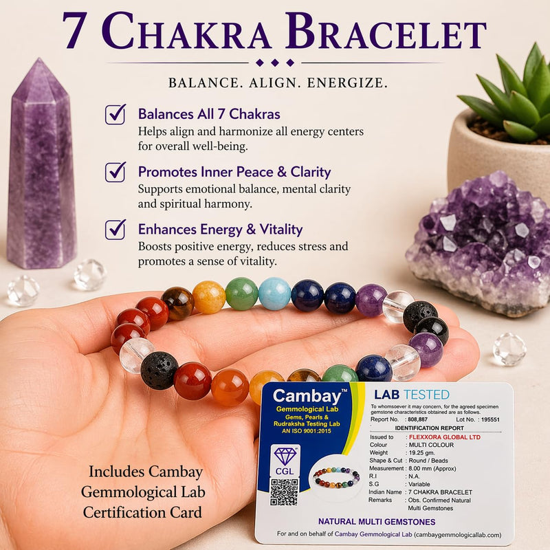 Healing Crystal Bracelet for Women & Men – Protection, Abundance, Calm & Positive Energy | Seven Chakra Gemstone Bracelet Collection | Adjustable Crystal Bracelet with Authenticity Certificate Multi