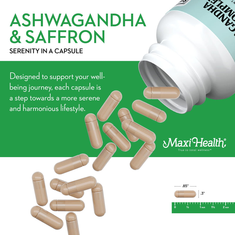Maxi Health Ashwagandha Supplements Complex with Saffron – 600mg Ashwagandha Capsules & 30mg Saffron Extract for Stress Relief, Mood & Calm – Kosher, 60 Capsules Unflavored 60 Count (Pack of 1)