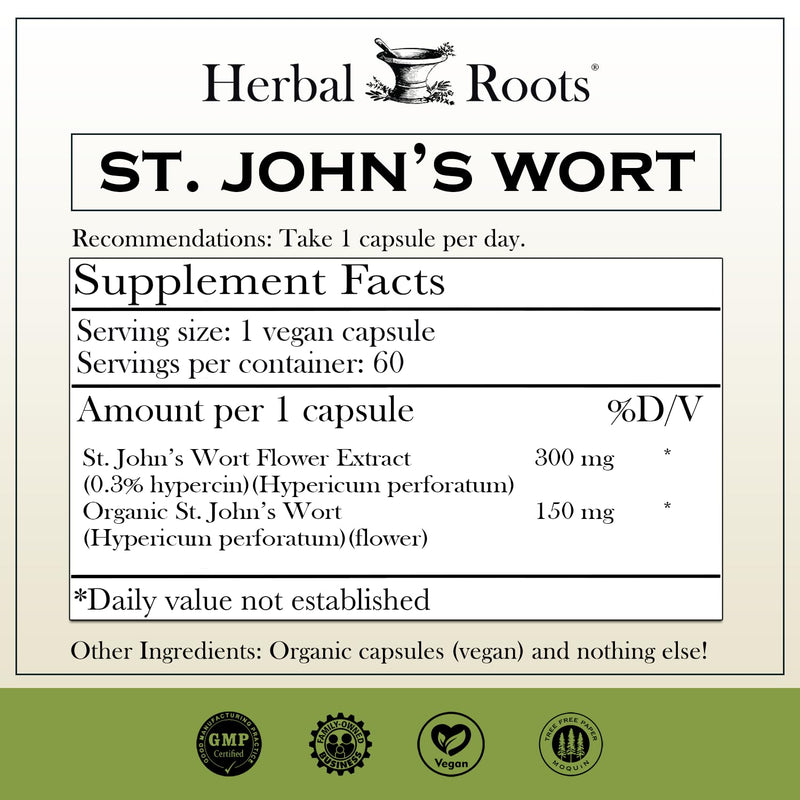 [Australia] - Herbal Roots St Johns Wort Capsules | 450 mg per serving | Pure St. John’s Wort with No Binders or Fillers Non GMO | 60 Vegan Capsules 