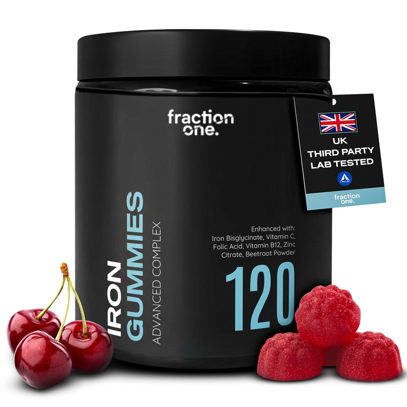 Fraction One Iron Gummies – 120 Gummies – with Vitamin C, Folic Acid, Vitamin B12 & Zinc – Iron Bisglycinate & Beetroot Powder - Vegetarian & Vegan Friendly – Cherry Flavour – 60 Days Supply