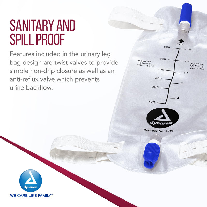 [Australia] - Dynarex Urinary Leg Bag, for Use with Catheter, has a Non-Drip Closure & Anti-Reflux Valve, 600 ml/20 oz Capacity, Medium, White, 1 Box of 12 Leg Bags 
