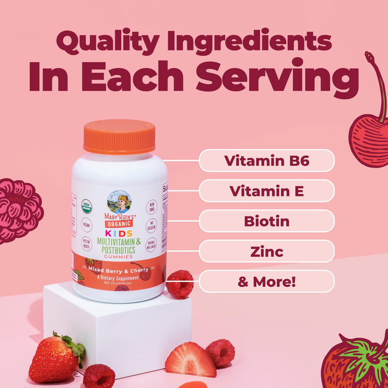 MARYRUTH'S USDA Organic Kids Multivitamin + Postbiotics Gummies, 60 Count | USDA Organic, Lactobacillus Rhamnosus, Vegan, Non-GMO, 60 Count