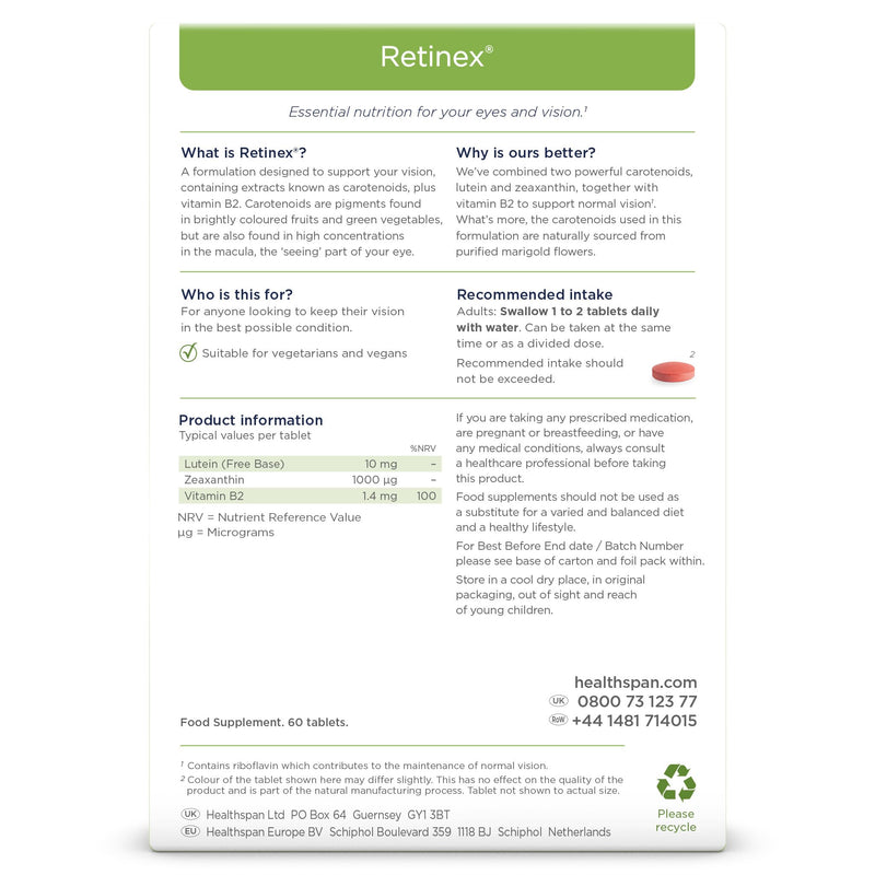 [Australia] - Healthspan Retinex | High-quality eye care with lutein & zeaxanthin | Supports vision & promotes long-term eye health | Vegan | 60 tablets 