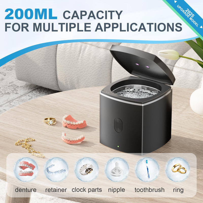[Australia] - Ultrasonic Retainer Cleaner for Dentures - Sonic Denture Cleaner Machine for Mouth Guard Retainer Washer Sliver Jewelry Ring Brace Toothbrush Head Jewelry 43kHz Dental Tools Black 