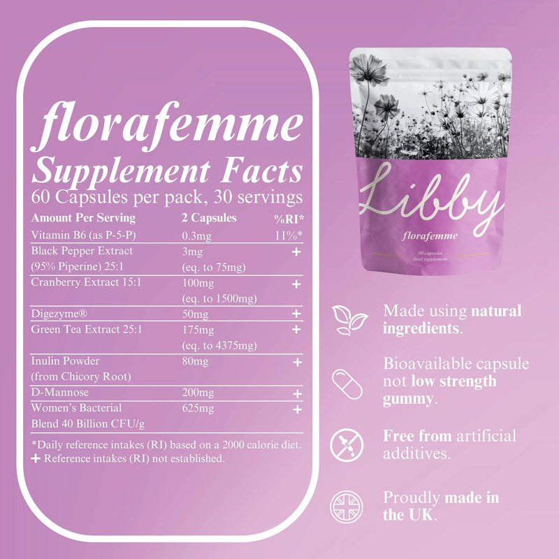 Vaginal Probiotics for Women - Flora Femme by Libby Bido Contains Intimate Blend of 25 Billion CFU Bacterial Cultures, D Mannose, Cranberry, Green Tea, Digestive Enzymes. 60 Vegan Capsules.