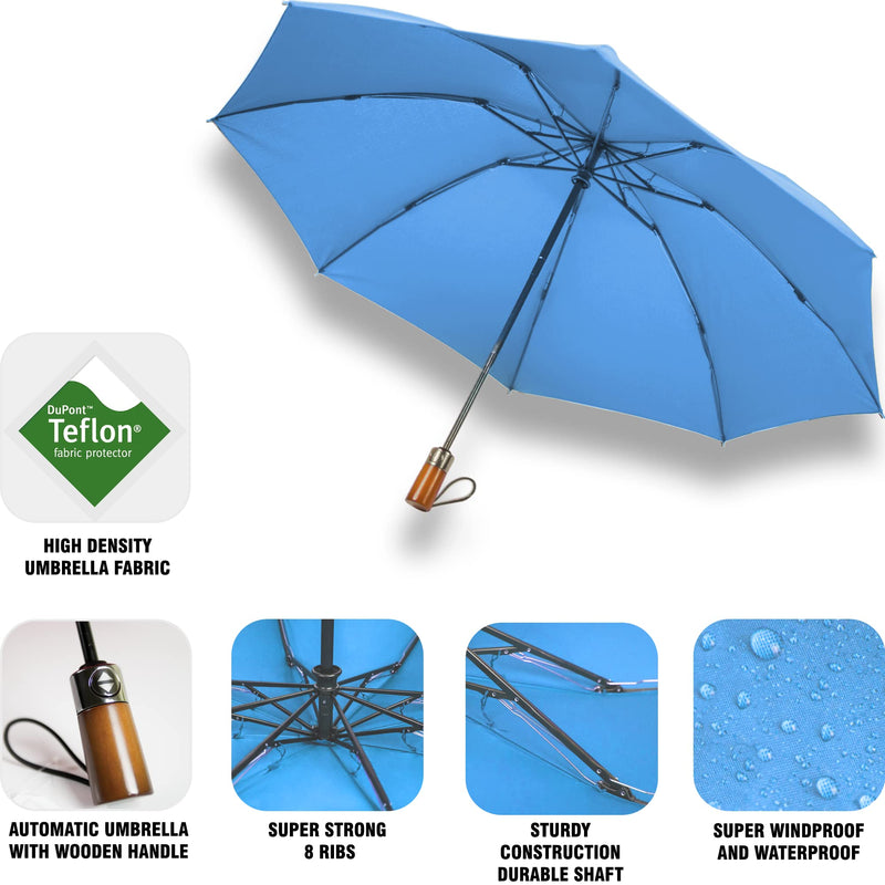 NEW 2 PCS Umbrellas for Rain Black and Light Blue Auto Open and Close Folding Umbrella Windproof Sturdy Unbreakable Umbrellas with Wooden Handle for Women Men - Bundle