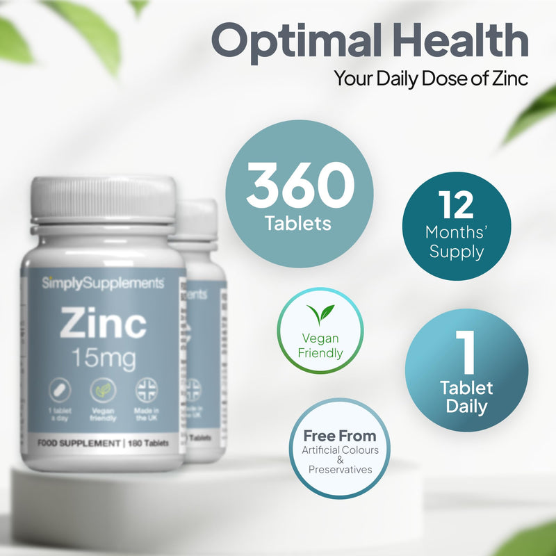 Zinc 15mg Tablets | Contributes to Normal Fertility, Hair, and Immune System Function | Potent One-a-Day Formula | 360 Tablets = 12 Months' Supply | Manufactured in The UK to GMP Standards Unflavoured 180 count (Pack of 2)