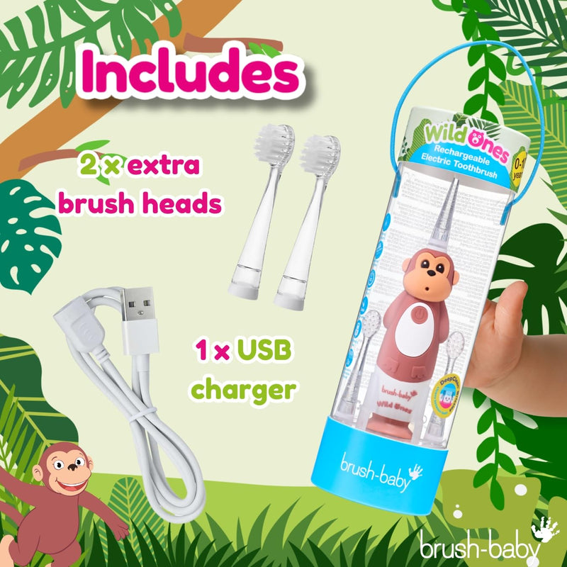 [Australia] - brush-baby WildOnes™ Rechargeable Kids Electric Toothbrush – Monkey | Flashing Lights, 2-Min Timer, Waterproof, 3 Brush Heads | Toddler & Child Toothbrush Ages 0-10 | Soft Bristles 