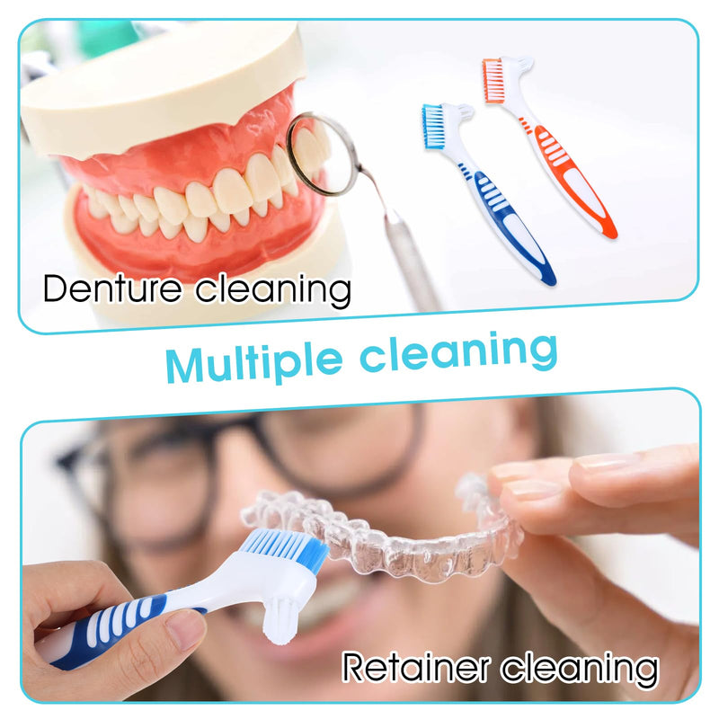 [Australia] - 2Pcs Denture Cleaning Brush Set, Denture Toothbrushes with Multi-Layered Bristles & Ergonomic Rubber Handle, White Carrying Case Orange & Blue 