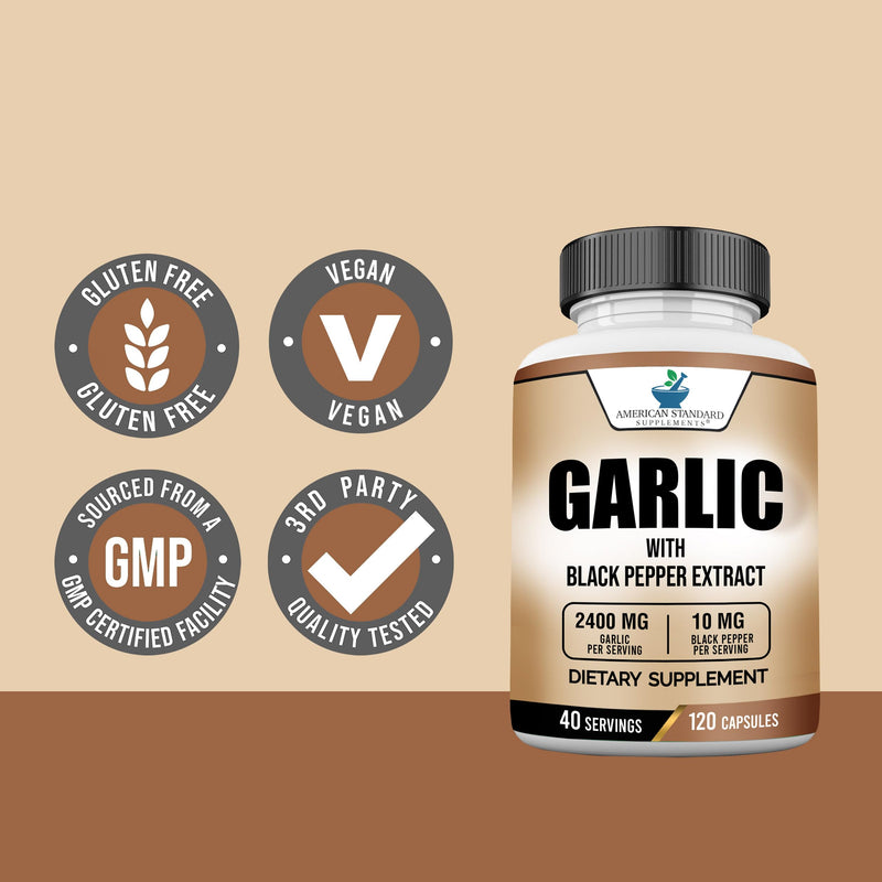 [Australia] - American Standard Supplements Garlic 2400mg Per Serving with Black Pepper Fruit Extract – Vegan, Gluten Free, Non-GMO, 120 Capsules, 40 Servings 
