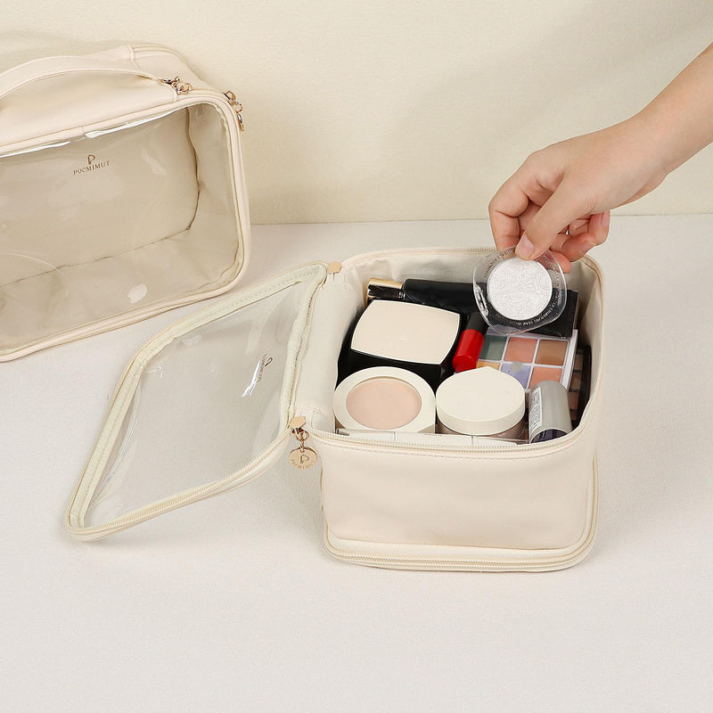 Clear Makeup Bags,Small Makeup Pouch with Large Cosmetic Bag Toiletry Bag Car Accessories Storage for Women,Travel Essentials Organizers,Beige Beige Large+small