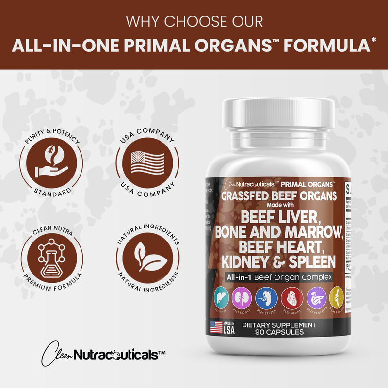 [Australia] - Clean Nutraceuticals Grass Fed Beef Liver Capsules 3000mg - Premium Quality Supplement Packed with Desiccated, Beef Heart, Beef Spleen, Beef Pancreas Plus Bone & Marrow Dao Enzyme Pills - USA Made 