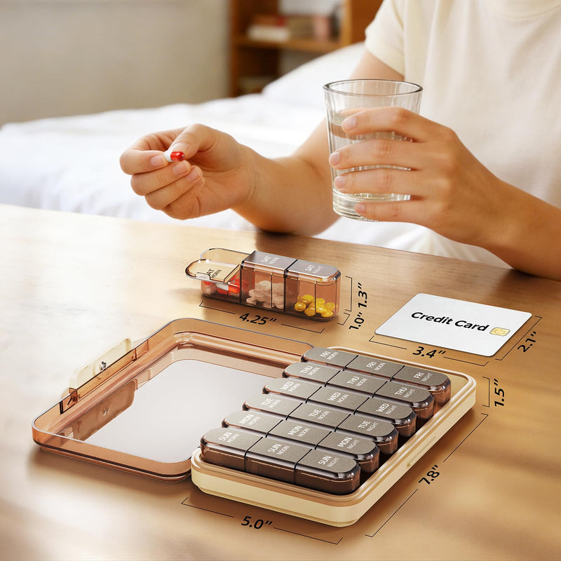 Weekly Pill Organizer 3X a Day, Detachable 7 Day Pill Box 3 Times a Day with Moisture-Proof Design, Portable Light-Proof Daily Pill Case for Pills,Vitamin,Fish Oil and Supplements(Brown) Brown