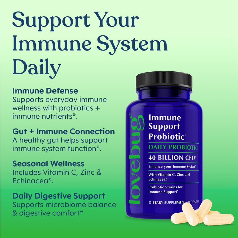 LOVEBUG Probiotics Immune Support Daily Probiotic for Men & Women, 40 Billion CFU & 6 Strains, Includes Vitamin C, Zinc & Echinacea, 30 Capsules, Vegan & Non-GMO