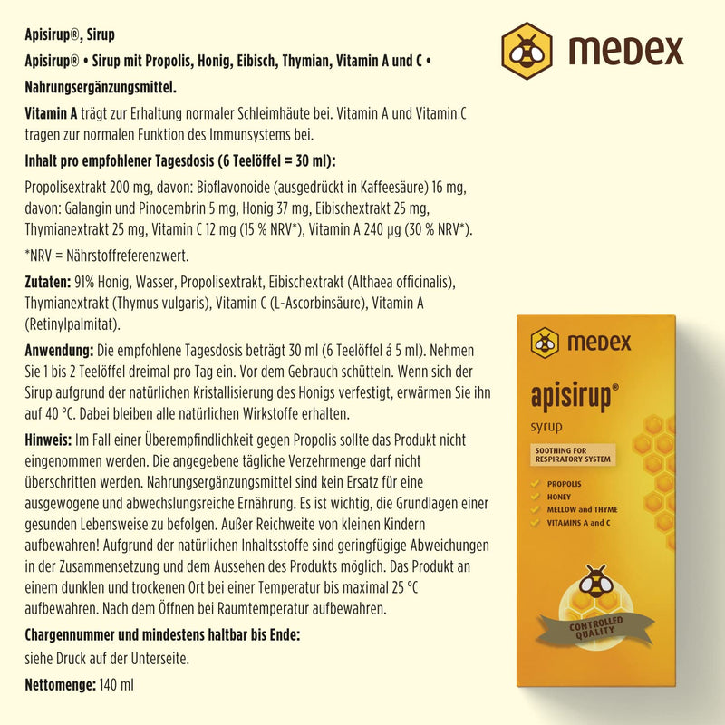 [Australia] - Medex Apisirup, juice with propolis, 91% honey based - 176 g honey, excellent taste, propolis, vitamin A, C, mallow, thyme 140 ml 