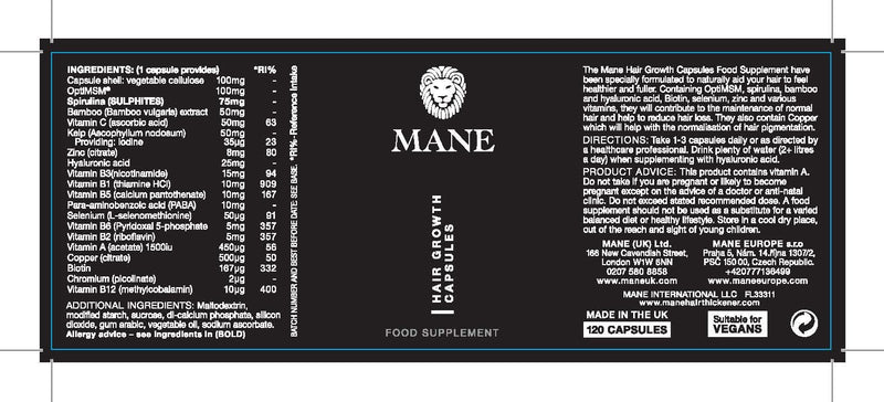 Mane Hair Growth Capsules, Hair Growth Vitamins with Biotin, Zinc & Selenium, Supplements for Thicker, Fuller Looking Hair, Daily Hair Vitamins for Men & Women, Vegan, 120 Capsules, 6 Week Supply