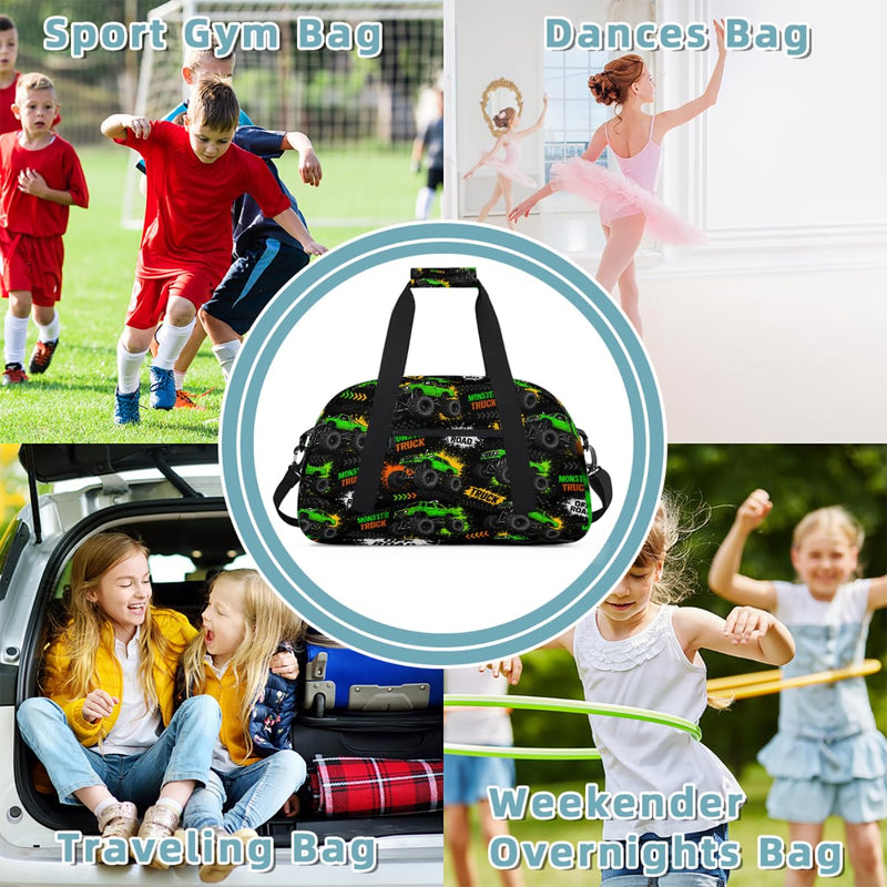 Gym Travel Duffle Bag for Boys - Green Monster Car Trucks Kids Overnighter Weekend Bag with Front Zipper Pocket for School Practice, Teens Carry-On Size Sleepover Bags Green Monster Trucks