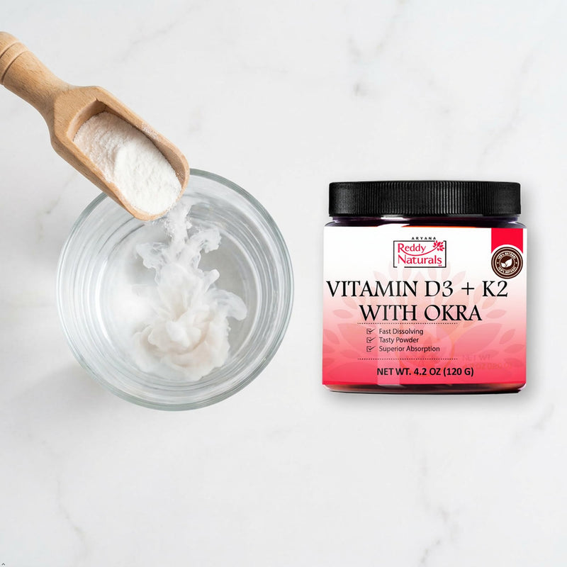 Reddy Naturals Vitamin D3 K2 MK7 Powder with Okra 120g | Vitamin D3 4000 IU + K2 MK-7 100 mcg | Powder Drink Mix | Fast-Dissolving | 30 Servings | Gluten-Free Non-GMO | No Capsules