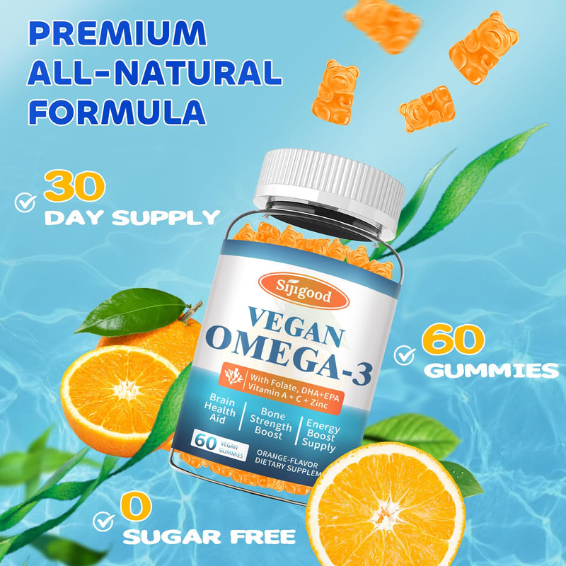 Algae Omega 3 Gummies for Women, Men & Kids, Fish Oil Alternative 60 Count | Boost Brain, He♡rt, Eye & Immune Function, With Plant Based 460 MG DHA & 230 MG EPA, No Fishy Taste, Sugar Free Orange 60 Count (Pack of 1)