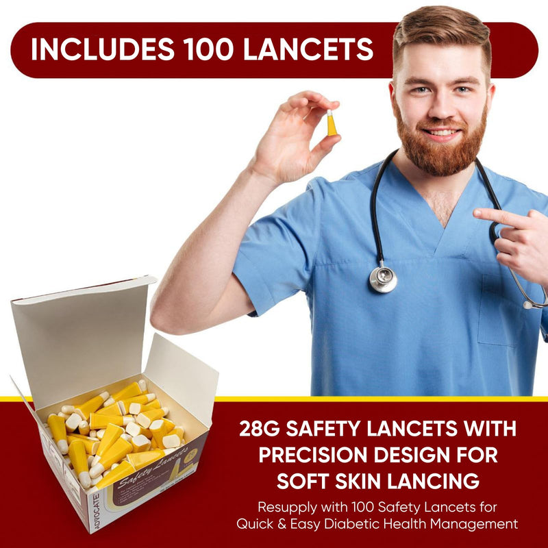 Pressure Activated Safety Lancets, 26G 1.8mm Box of 100, Advocate Single Use Glucose Testing Lancing Device with Automatic Retractable Needle for Blood Sugar Sampling 26g Yellow 26G x 1.8mm, Box of 100