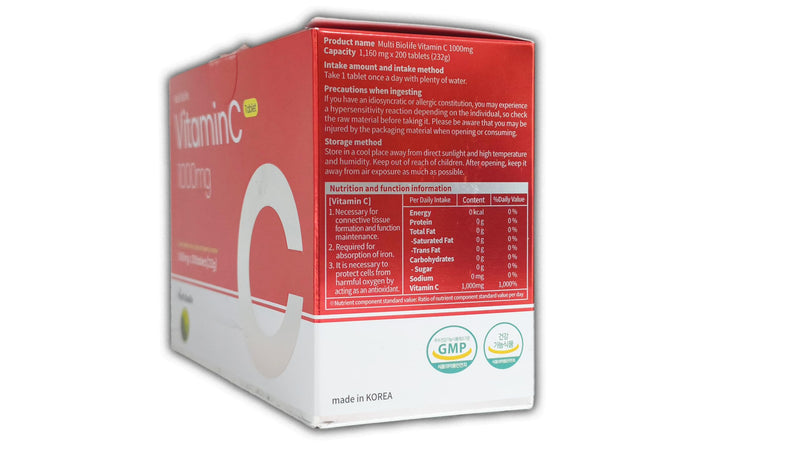 Vitamin C 1000mg (200 Tablets) - Supports a Immune System & Anti-oxidant Protection | Gluten Free - Made in Korea