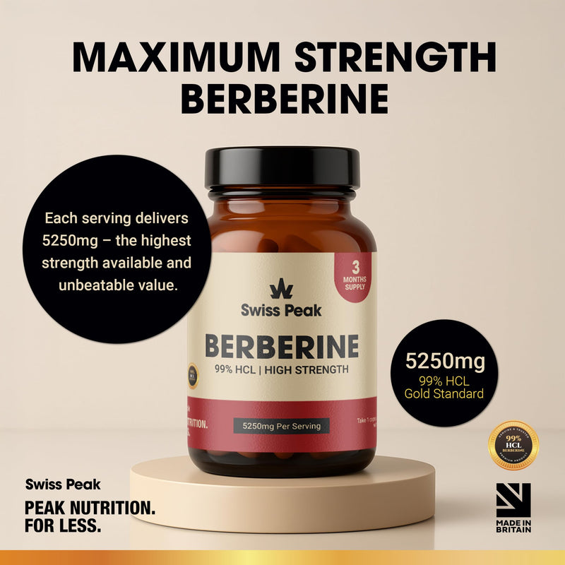 Swiss Peak Berberine 5250mg Per Serving, High Strength 99% HCL, Enhanced with Ceylon Cinnamon & Black Pepper Extract, 90 Vegan Capsules, 3 Month Supply, UK Made, Non-GMO, Gluten Free