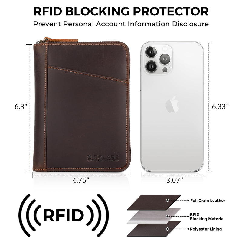 Polare Full Grain Leather Dual Passport Wallet and RFID Blocking Bifold Passport Cover Travel Document Organizer Holder 2 Passports (Dark Brown) Dark Brown