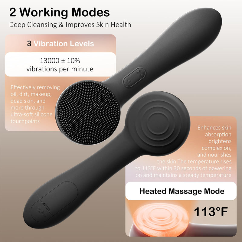 Facial Cleansing Brush Silicone Face Scrubber Waterproof Rechargeable Exfoliator Massage Device for Men & Women, Deep Pore Cleansing, Exfoliating, Removing Blackhead Electric Face Scrub Brush (Black) Black