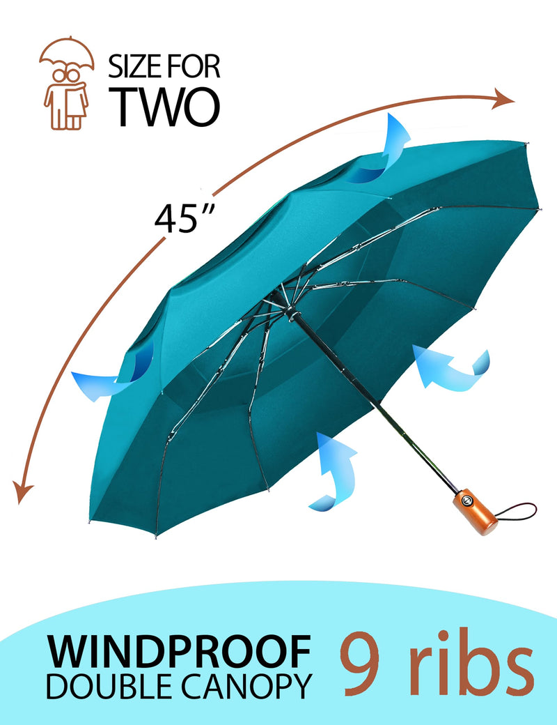 Raintrend 2 Pack Umbrellas for Rain Windproof Travel Teal and Sky Blue Umbrella - Large Double Canopy but Compact Folding Portable - Automatic Strong Wind Resistant Construction