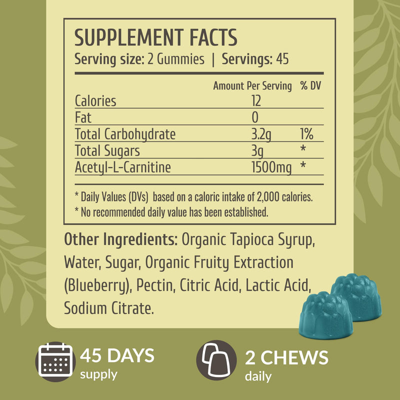 [Australia] - HERBAMAMA ALCAR Acetyl L-Carnitine 1500mg Gummies - L Carnitine Supplement for Energy, Focus & Brain Support - Vegan, Non-GMO - 90 Pectin-Based Blueberry-Flavored Chews 