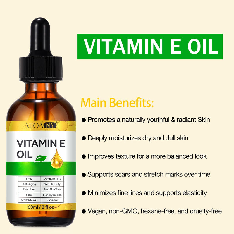 Vitamin E Oil 2 Fl Oz - Vitamin E Oil for Skin, Face, Hair, Body - Natural Antioxidant for Dryness, Wrinkles, Scars & Stretch Marks, Moisturizing and Firming Skin 2 Fl Oz (Pack of 1)