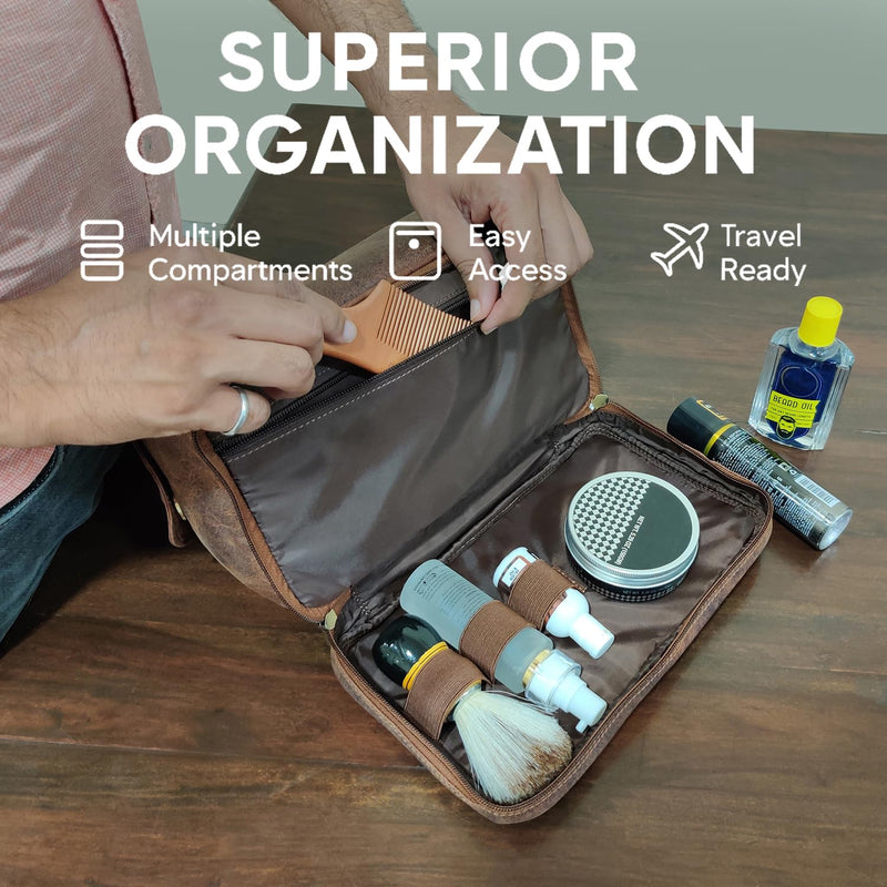 Leather Toiletry Bag for Men - Travel Shaving Dopp Kit - Bathroom Shower Toiletries Organizer - Cosmetic Make up Bag for Women | 2 Compartments, YKK Zipper, Fits Carry-Ons; Gifts for Father, Husband; Cologne Organizer, Shaving Bag, Water Resistant Lining