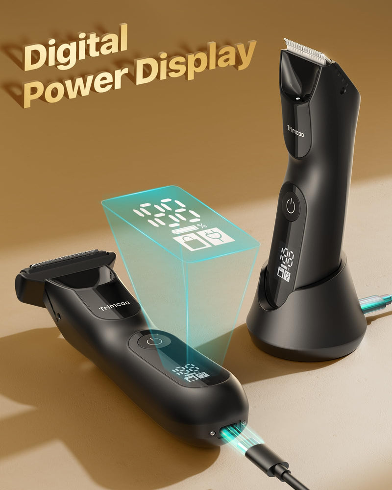 [Australia] - 2025 New Manscape Groin & Body Hair Trimmer for Men, 2 in 1 Electric Ball Pubic Trimmer & Shaver, Replaceable Blade Heads, USB-C Fast Charging, LED Display, Waterproof Wet/Dry Shaver, Black 