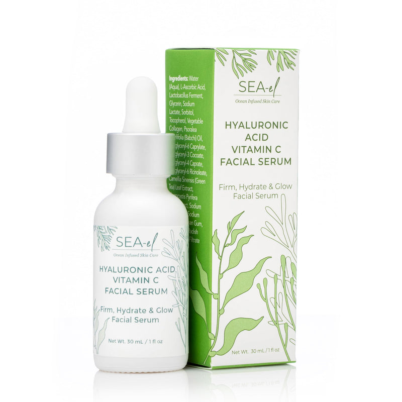Sea-el Hyaluronic Acid & Vitamin C Facial Serum Drops Firming Hydration & Glow Anti Aging Face Moisturizer - Daily Wrinkle Diminishing Skin Care for Women & Men, Vegan - 1 Fl Oz
