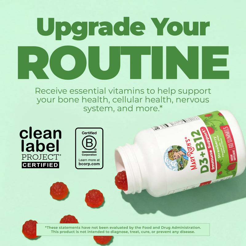 MaryRuth Organics, Vitamin D3 & B12 Gummies, Strawberry Flavour, 60 Vegan Gummies, Vegetarian, Gluten-Free, Soy-Free, Non-GMO