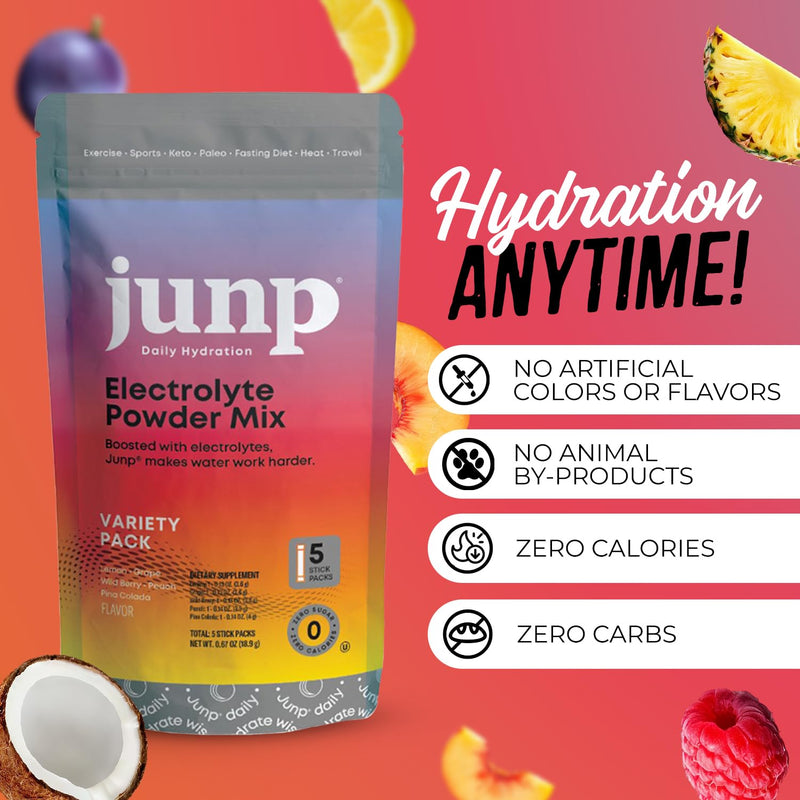 [Australia] - JUNP Sugar Free Electrolytes Powder Packets for Water Instant Hydration Packets with Salt & Potassium, Zero Calorie No Carbs No Sugar Keto Electrolyte Drink Mix Sticks, 5 Flavor Variety Pack, 5 Count 0.13 Ounce (Pack of 5) 