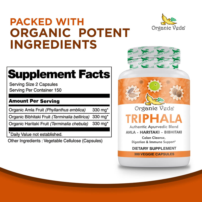 [Australia] - Organic Veda Triphala Powder 300 Capsules, 1000mg - Organic Triphala Supplement for Colon Cleanse, Immune, Gut & Digestion Health - Whole Green Antioxidants Amla, Haritaki & Bibhitaki - Vegan Pills 