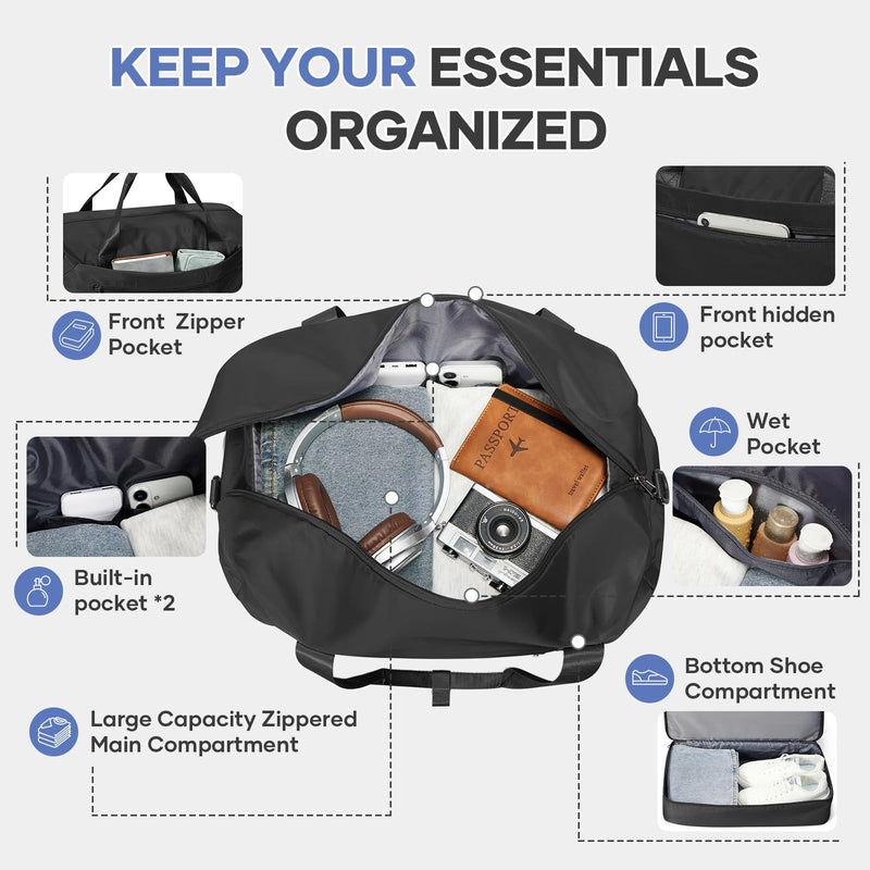 Travel Duffel Bag, Carry-On Overnight Weekender Bags for Women Travel | Personal Item Bag for Airlines,Bottom Shoe Compartment,Trolley Sleeve Black