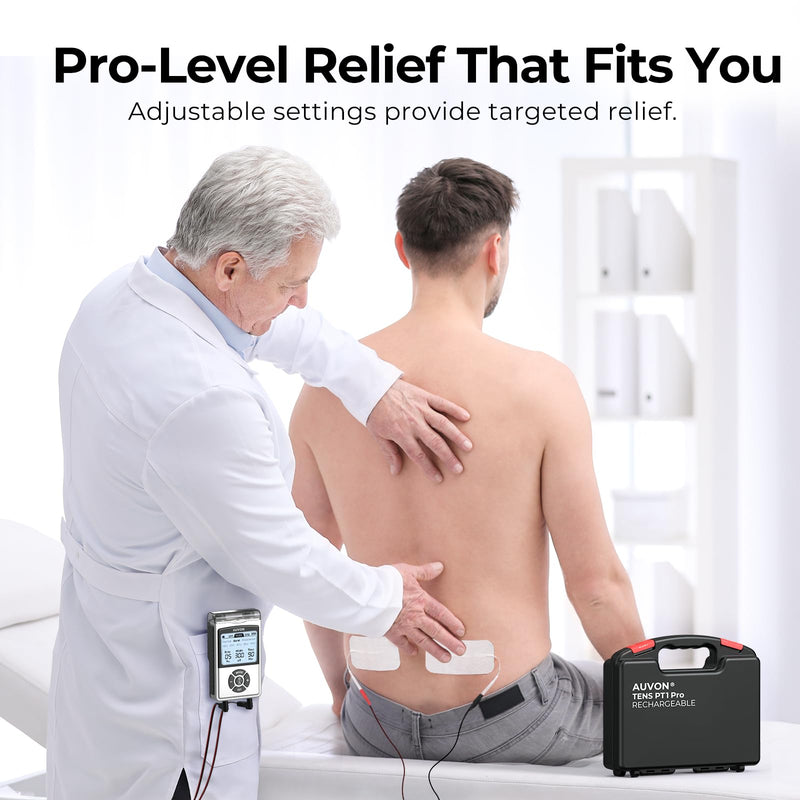 AUVON Rechargeable Digital TENS Unit Muscle Stimulator with 600 mAh Battery | TENS Machine with 40 Levels for Gradual Shoulder, Back, Muscle Pain Relief, 8 Customizable Modes, 6 TENS Pads, A Carry Case A Silver