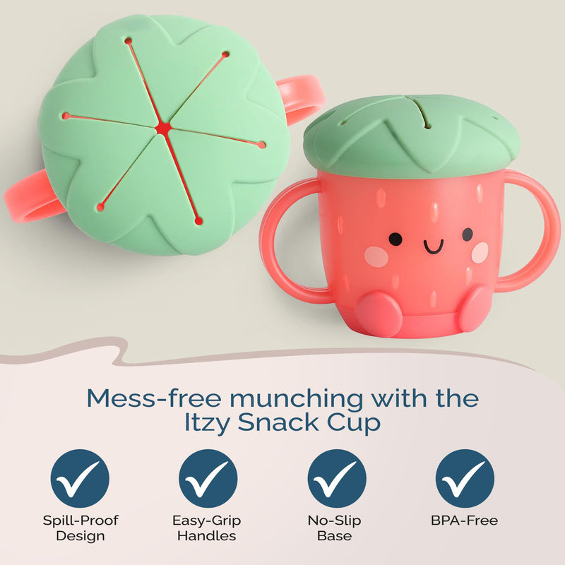 [Australia] - Itzy Ritzy Toddler Snack Cup - Spill-Proof Snack Cup for Toddlers with Soft Silicone Lid for Easy Food Access - Easy-To-Hold Kids Snacks Container With Handles - Ideal for 12 months & Up (Strawberry) Strawberry 